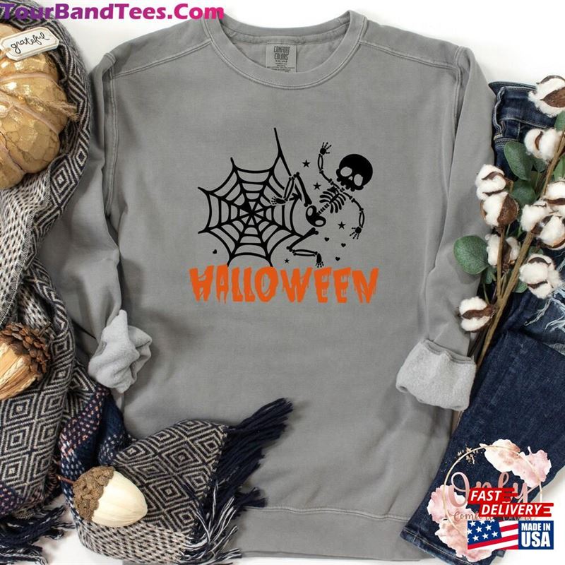 Comfort Colors Skeleton And Spider Web Halloween Sweatshirt Spooky Season T-Shirt 29Uf147245 – Utopia Fashion