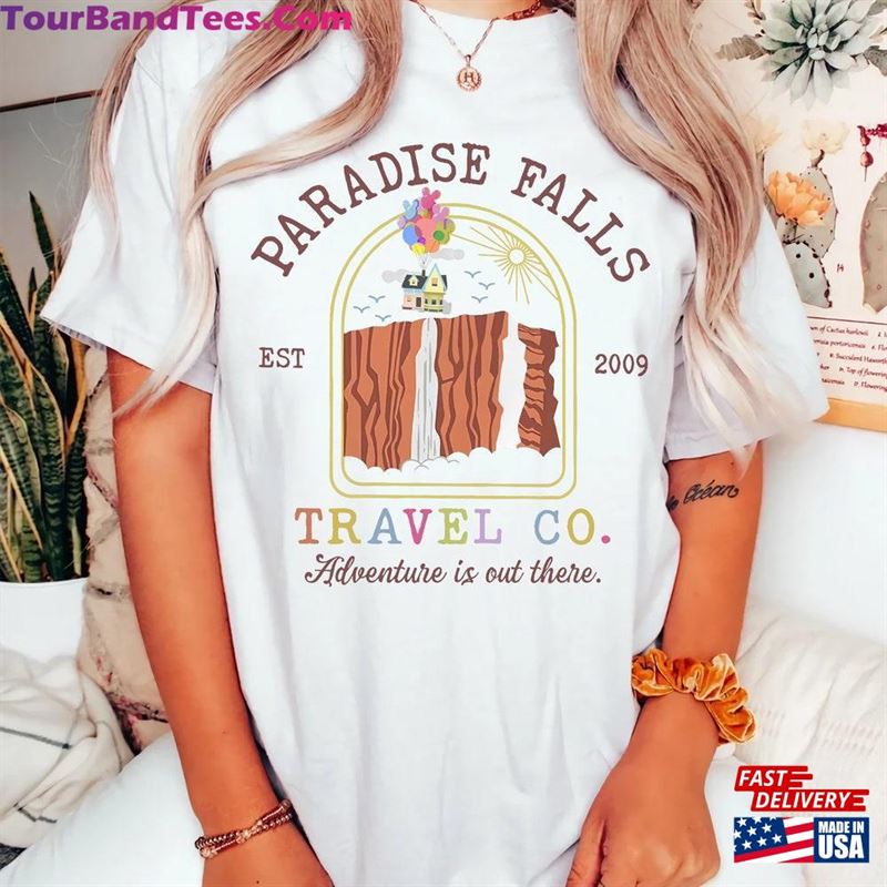 Retro Disney Up Paradise Falls Est Travel Co Adventure Is Out There Shirt Pixar Carl Ellie Unisex T-Shirt 29Uf157071 – Utopia Fashion