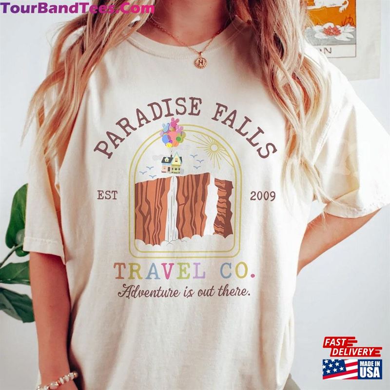 Retro Disney Up Paradise Falls Est Travel Co Adventure Is Out There Shirt Pixar Carl Ellie Unisex T-Shirt 29Uf157071 – Utopia Fashion