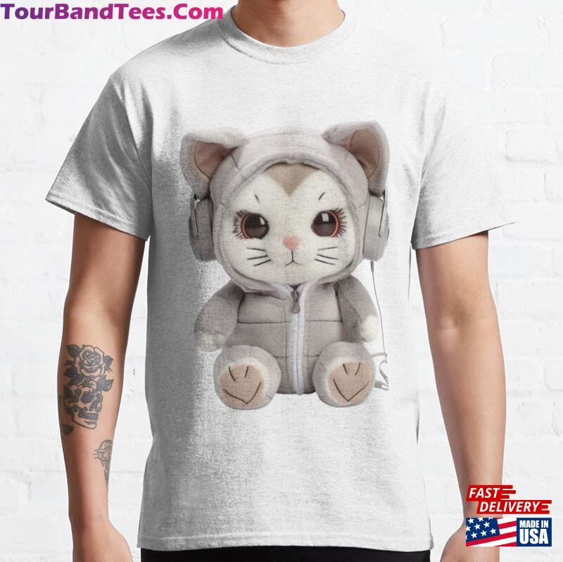 Wearing A Hoodie And Headphones Stuffed Cat Toy Classic T-Shirt 29Uf147343 – Utopia Fashion